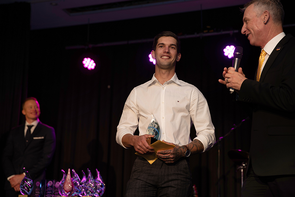 Ernie Dearing Most Outstanding Cert III Apprentice of the Year Jimmy Pollock of Greaney and Sweeney accepting his award at the MPA 2022 awards night