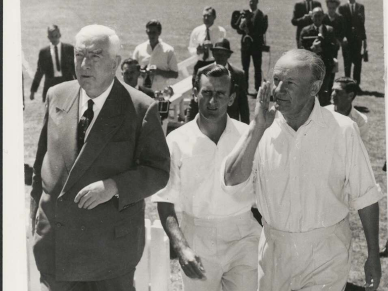 Sir Robert Menzies with cricketers Ted Dexter and Don Bradman at Manuka Oval. Photo: Cricket ACT. Original source: National Library of Australia.