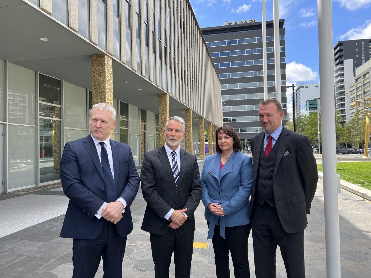 Blake Corney's father Andrew, Opposition spokesperson for police Jeremy Hanson, Lachlan Seary's mother Janice and Matthew McLuckie's dad Tom