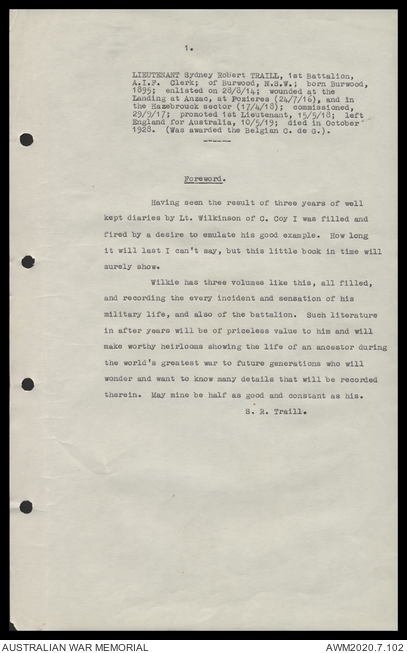 The first page of Lieutenant Traill's typed letter