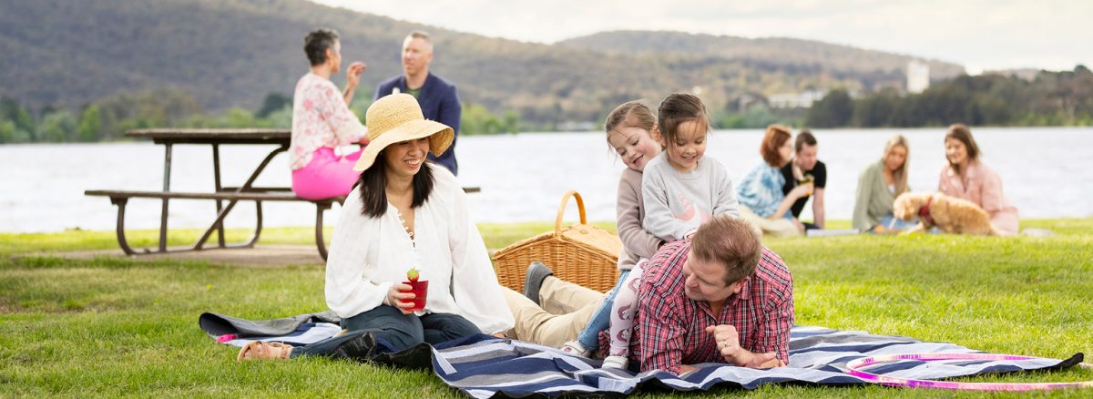 people relaxing on a lawn by a lake