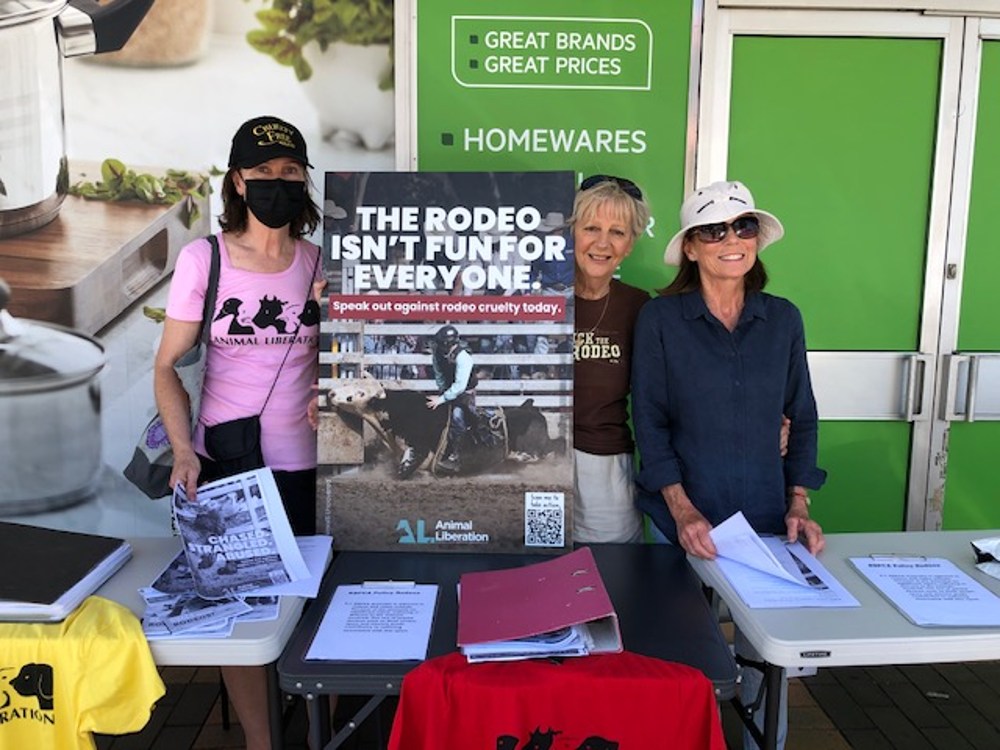 RSPCA volunteer Louise Webb, with Animal Liberation Batemans Bay members Mariana Brant and Coral Anderson. Photo: Supplied.