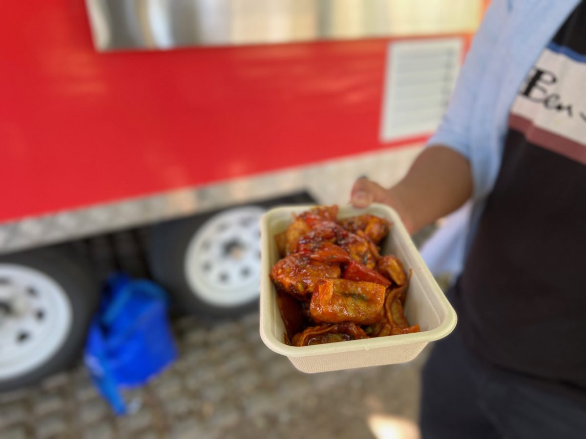 Container of red spiced dumplings