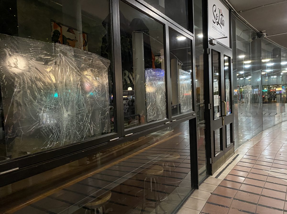 Smashed shopfront.