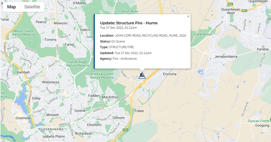 Map showing location of fire