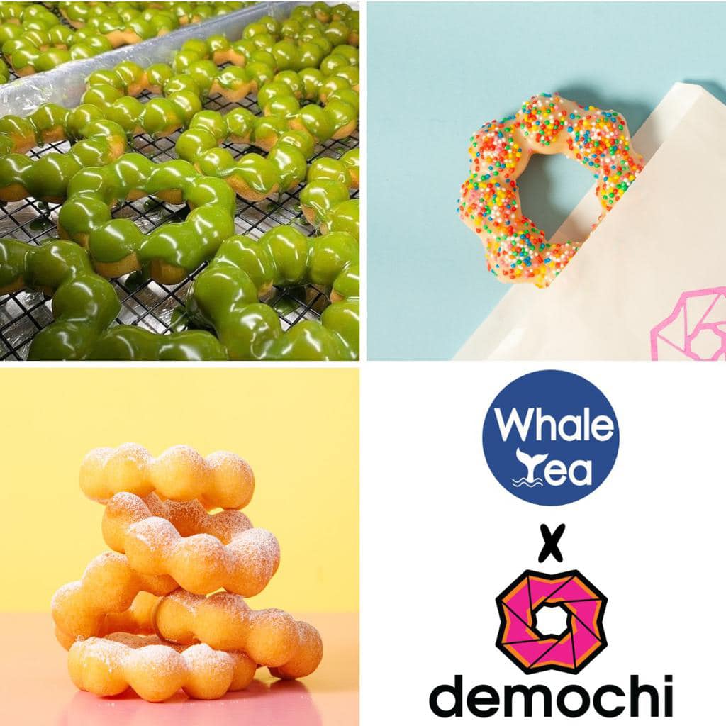demochi donuts with whale tea and demochi logog graphic 