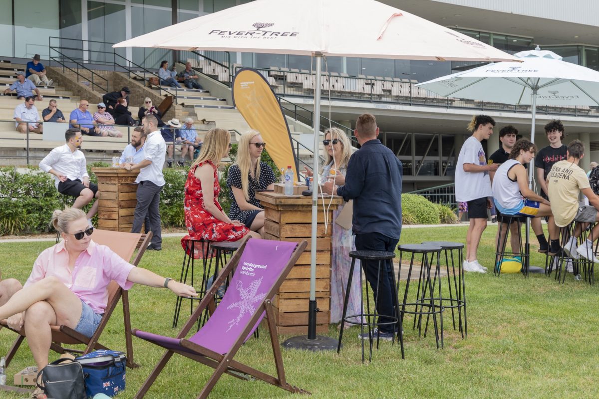 Racegoers relaxing on the Gin Lawn