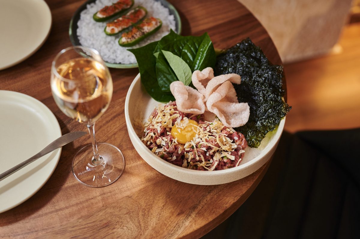 Bowl of beef tartare with prawn crackers Wine Room