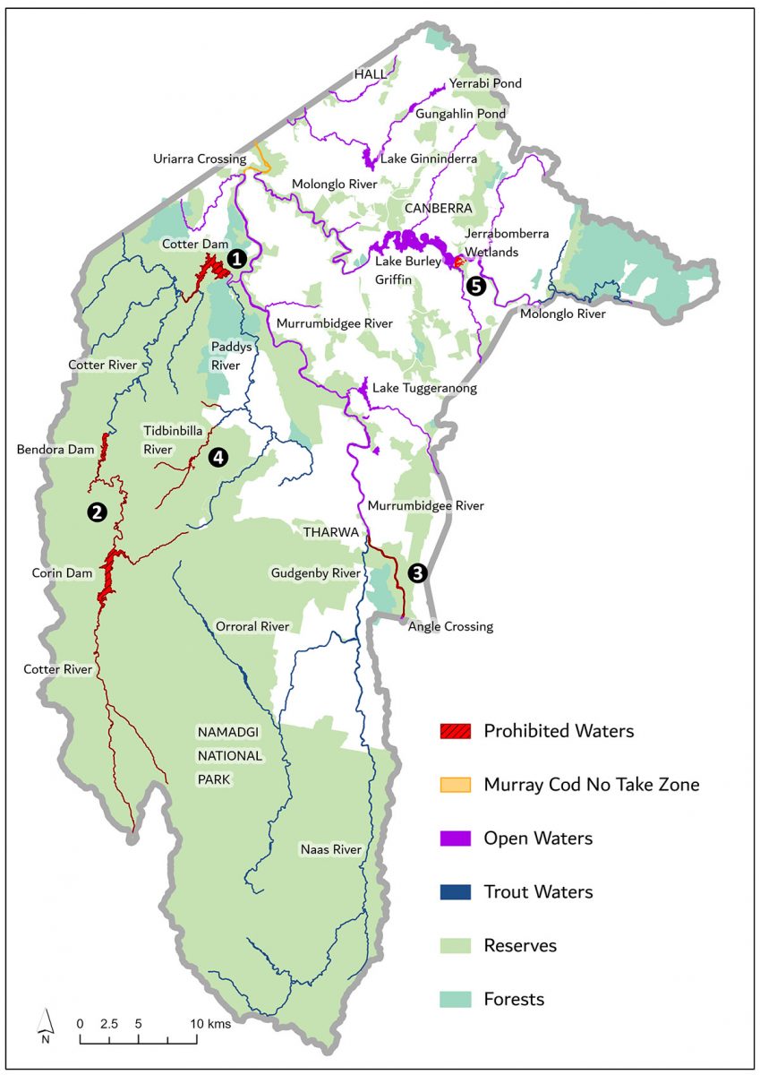 The territory government's map of ACT's recreational fishing waterways.