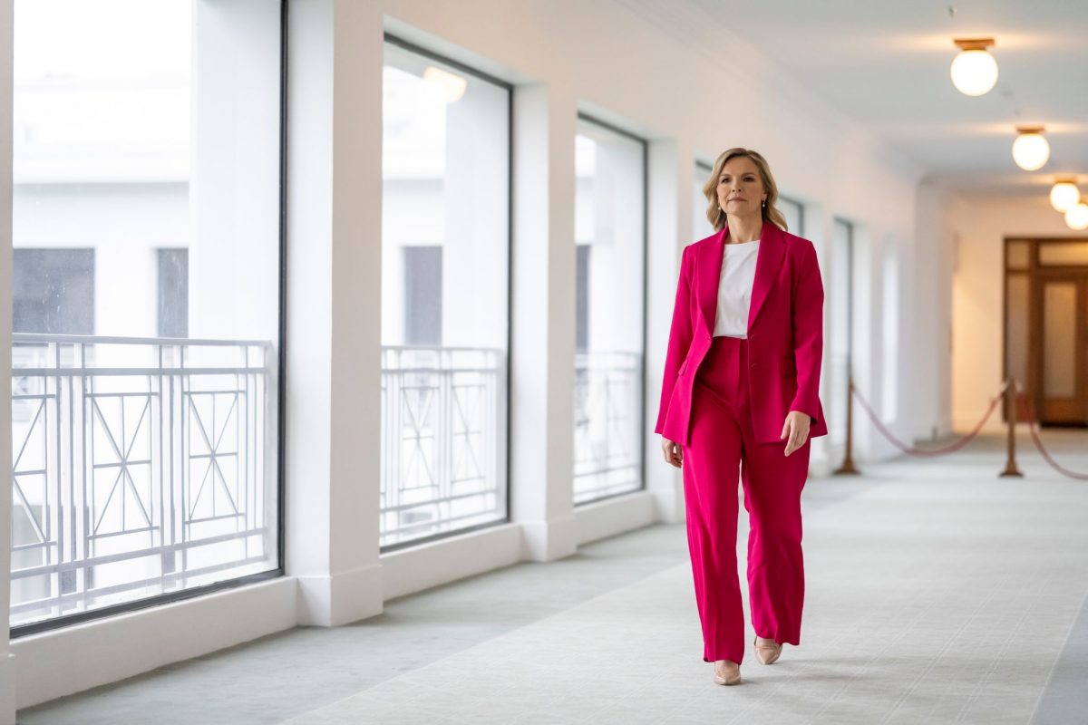 Justine Clarke depicting Julia Gillard walking down a hall in a pink power suit