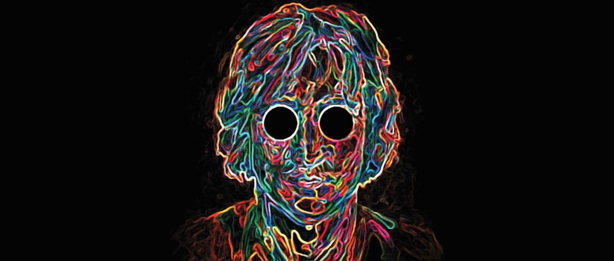 digital image showing the outline of John lennon's head in multicoloured outlines against a black backdrop