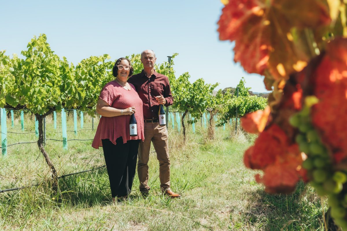 two people standing in a vineyard holding bottles of wine