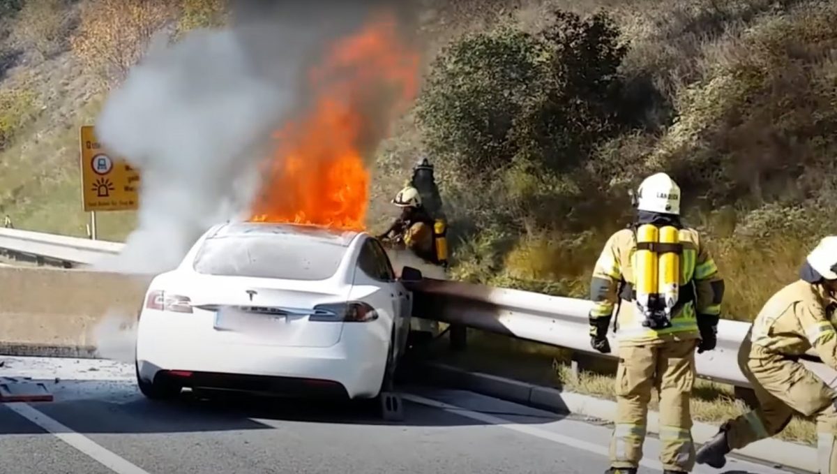 A zero-emission Tesla on fire