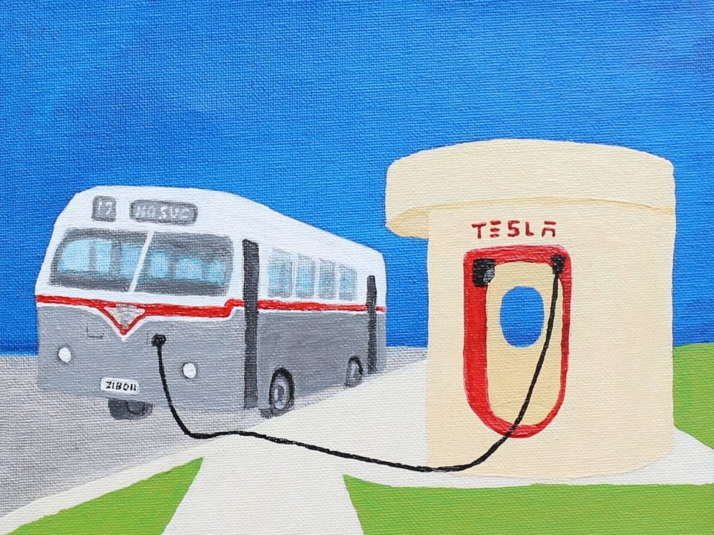 Retro Electro (detail) by Roger Hancock, featuring an electric bus plugged in to a Canberra bus stop shaped charging port