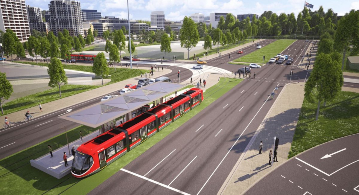 An artist's impression of the London Circuit and Commonwealth Avenue intersection, and the City South stop