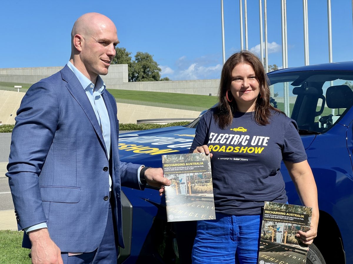 ACT Senator David Pocock at the Electric Ute Roadshow with Solar Citizens national director Heidi Douglass