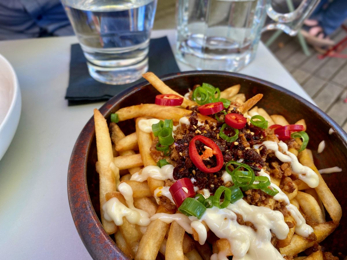 Dan Dan chilli loaded fries close up