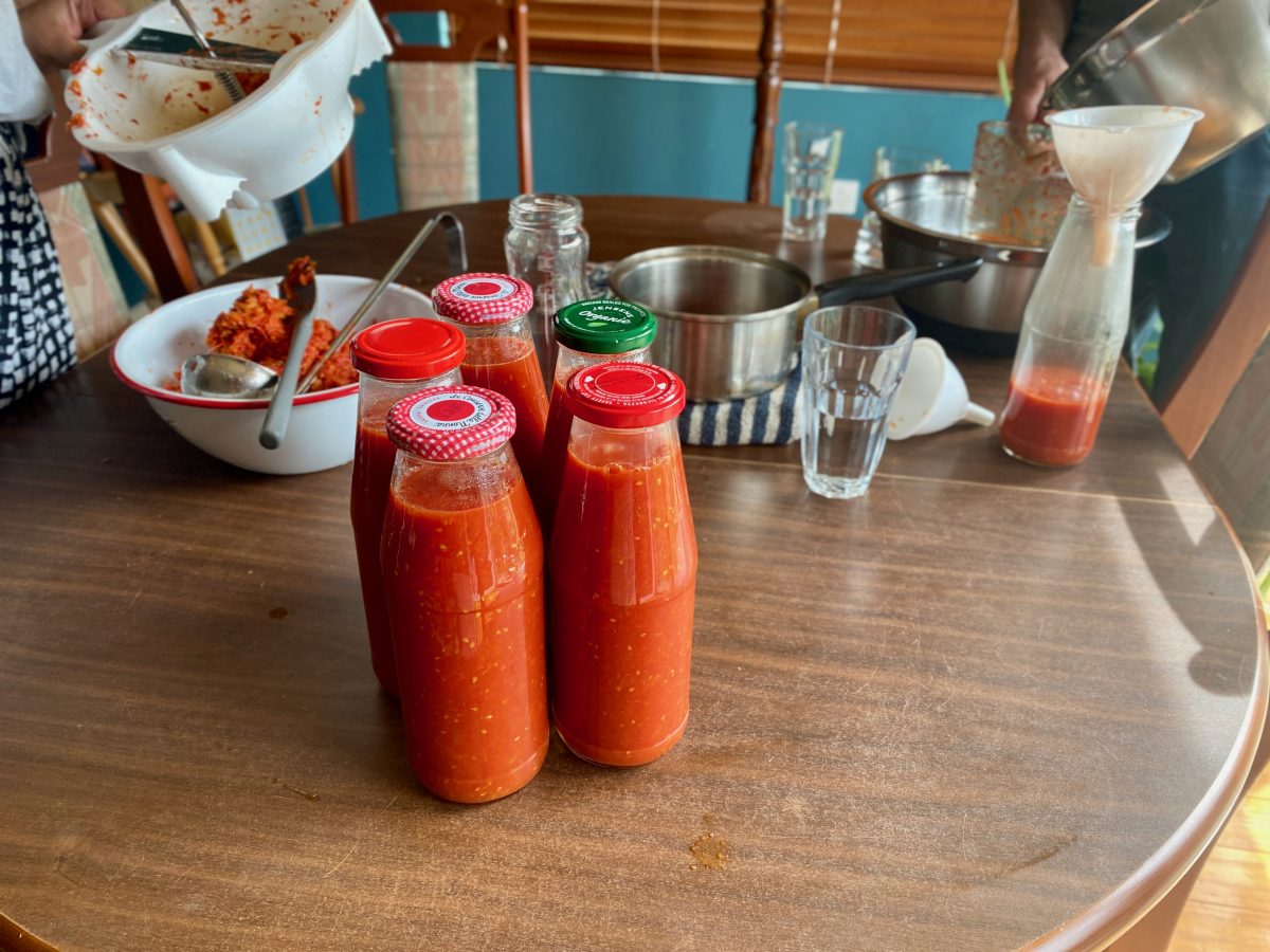 jars of passata and cooking equipment