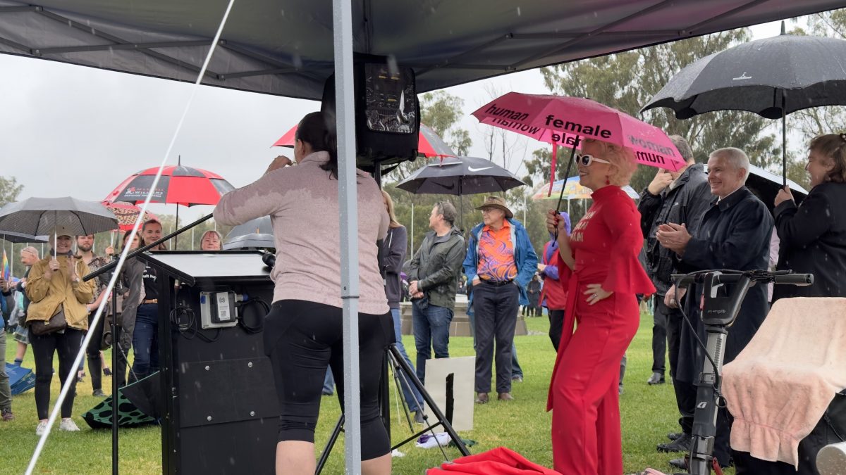 Kellie-Jay Keen-Minshull pictured standing under a marquee where she was previously speaking.