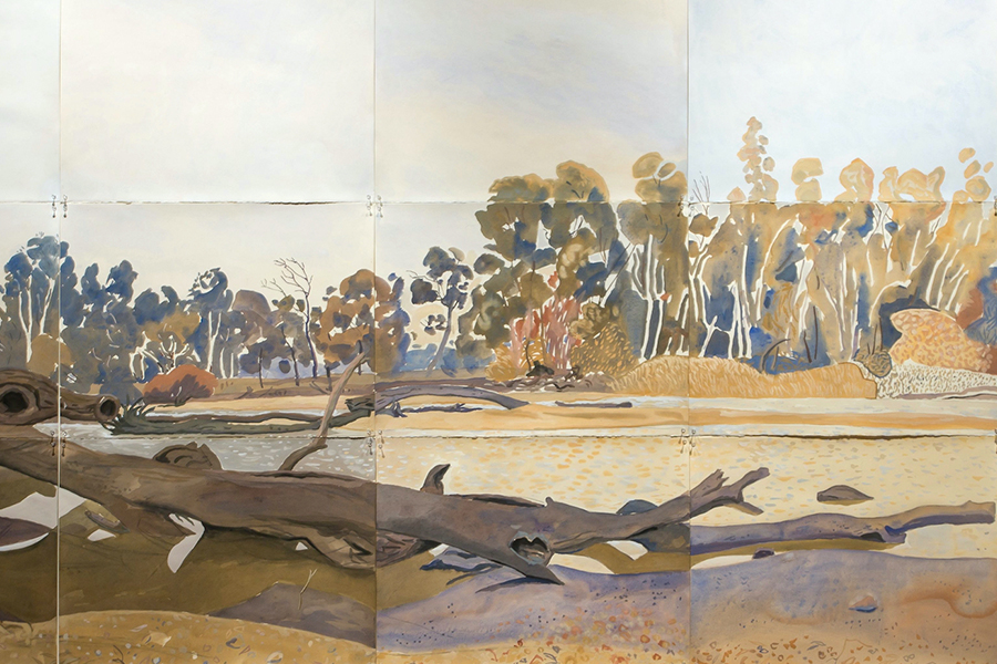 an artwork of trees by a sandy bank and a body of water