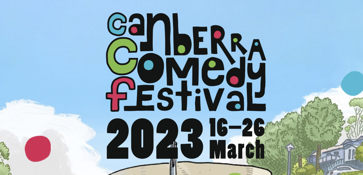 Canberra Comedy Festival graphic featuring clouds and trees in the background