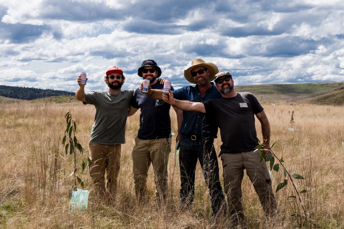 Capital Brewing staff cheers with beers after planting trees in the Snowy Mountains