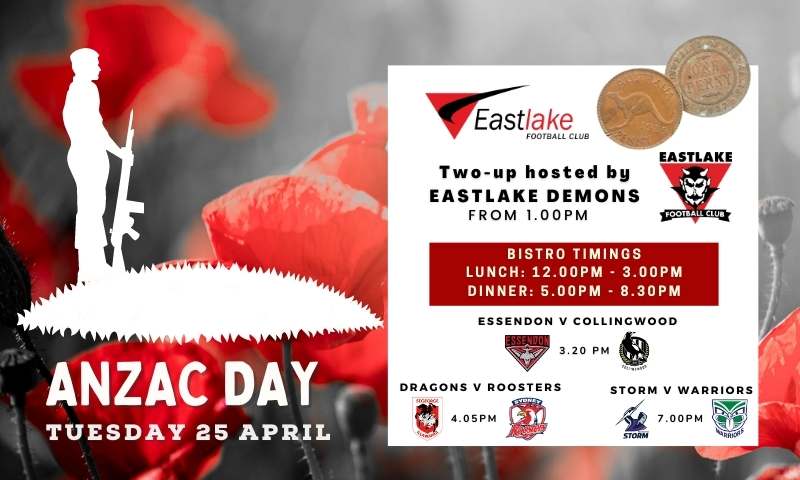 ANZAC Day promotional graphic for Eastlake Football Club.