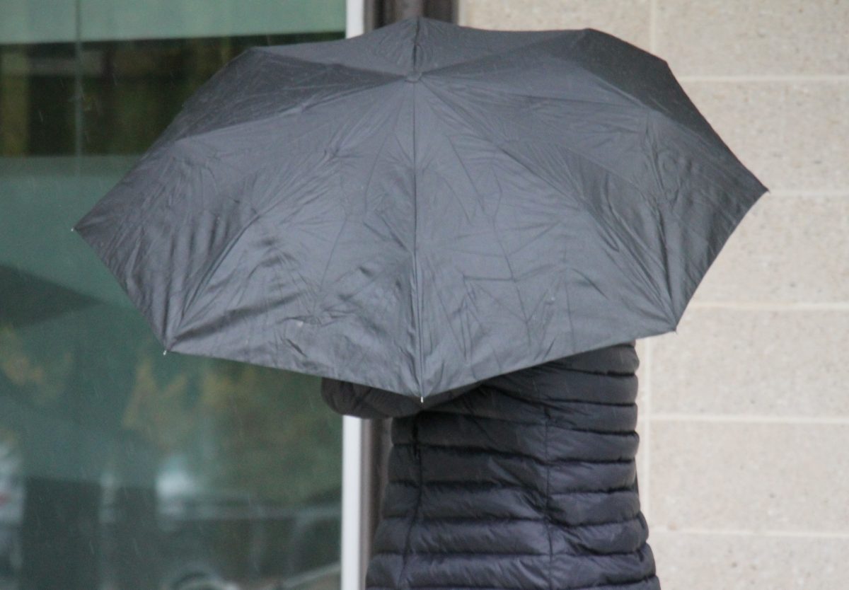woman hiding behind an umbrella