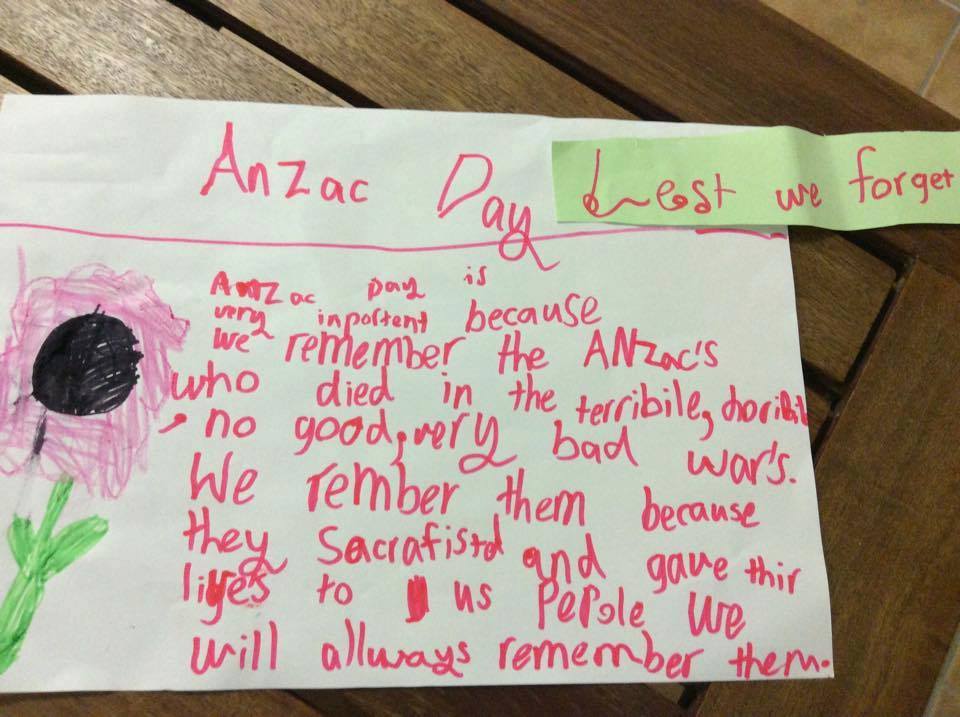 Tribute letter to Anzac Day in a child's handwriting