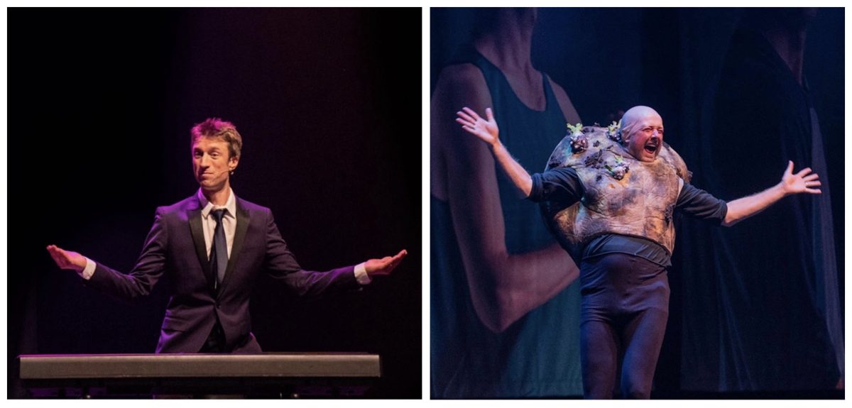 Government coach on the left side of the image in a suit speaking in front of a podium with a black background. Potato Dutton on the right side of the image walking on stage and waving to the crowd.