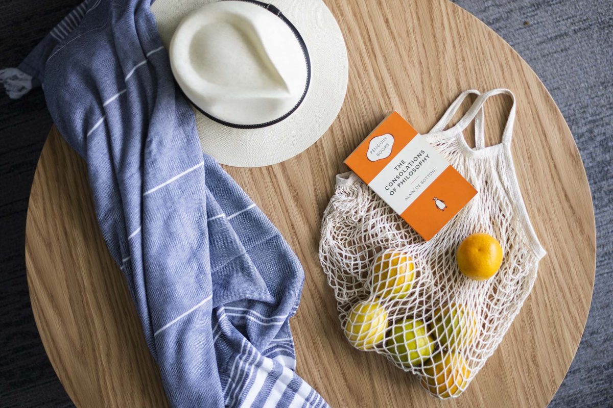 hat, bag and sarong