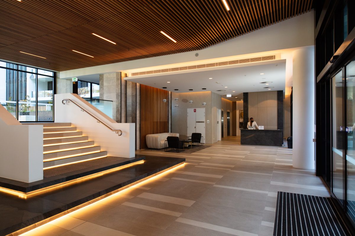 elegant lobby with concierge at desk