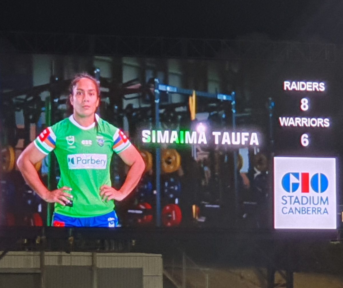 Simaima Taufa on the large screen at Canberra Stadium. Photo: Ric Condon.