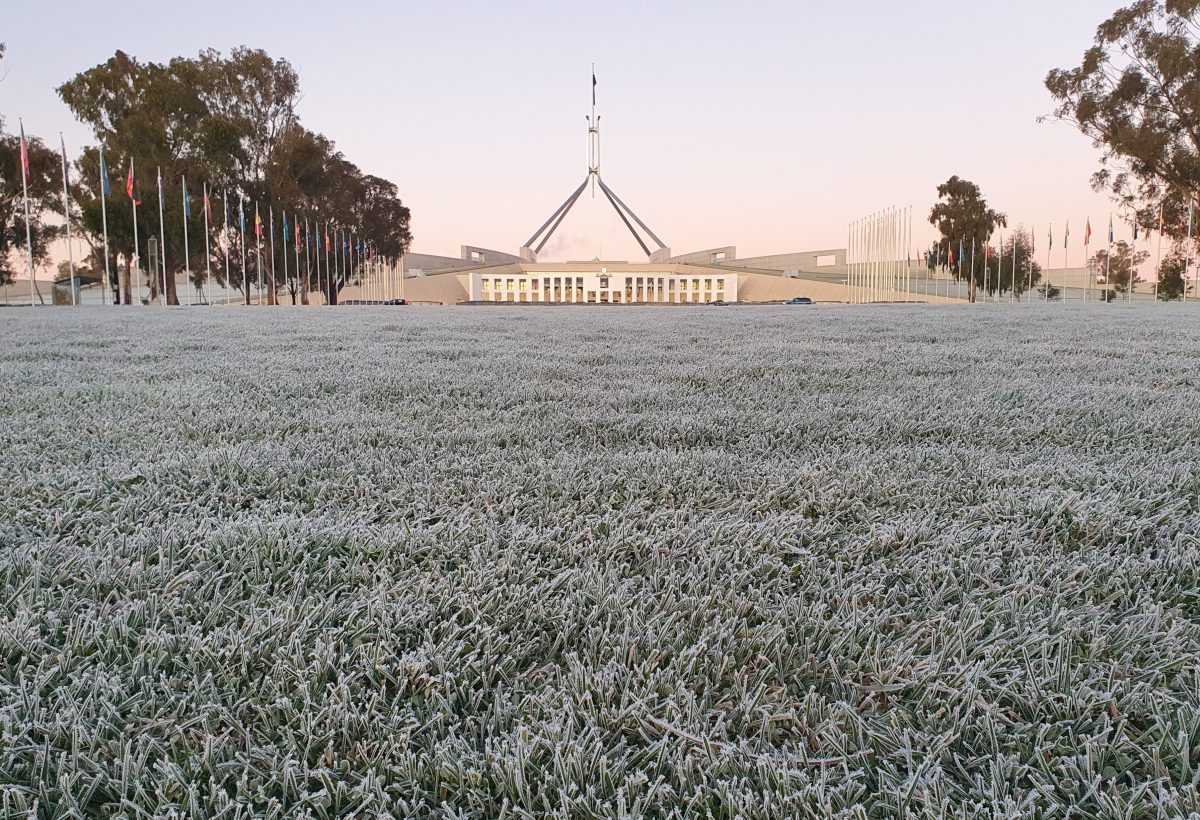 frost on the lawns of Parliament House
