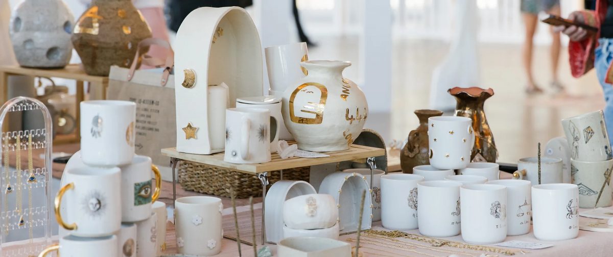 mugs and cups on display