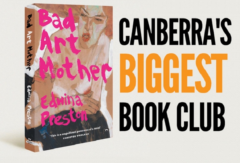 Book cover for 'Bad Art Mother' on the right, on the left text that reads 'Canberra's Biggest Book Club'