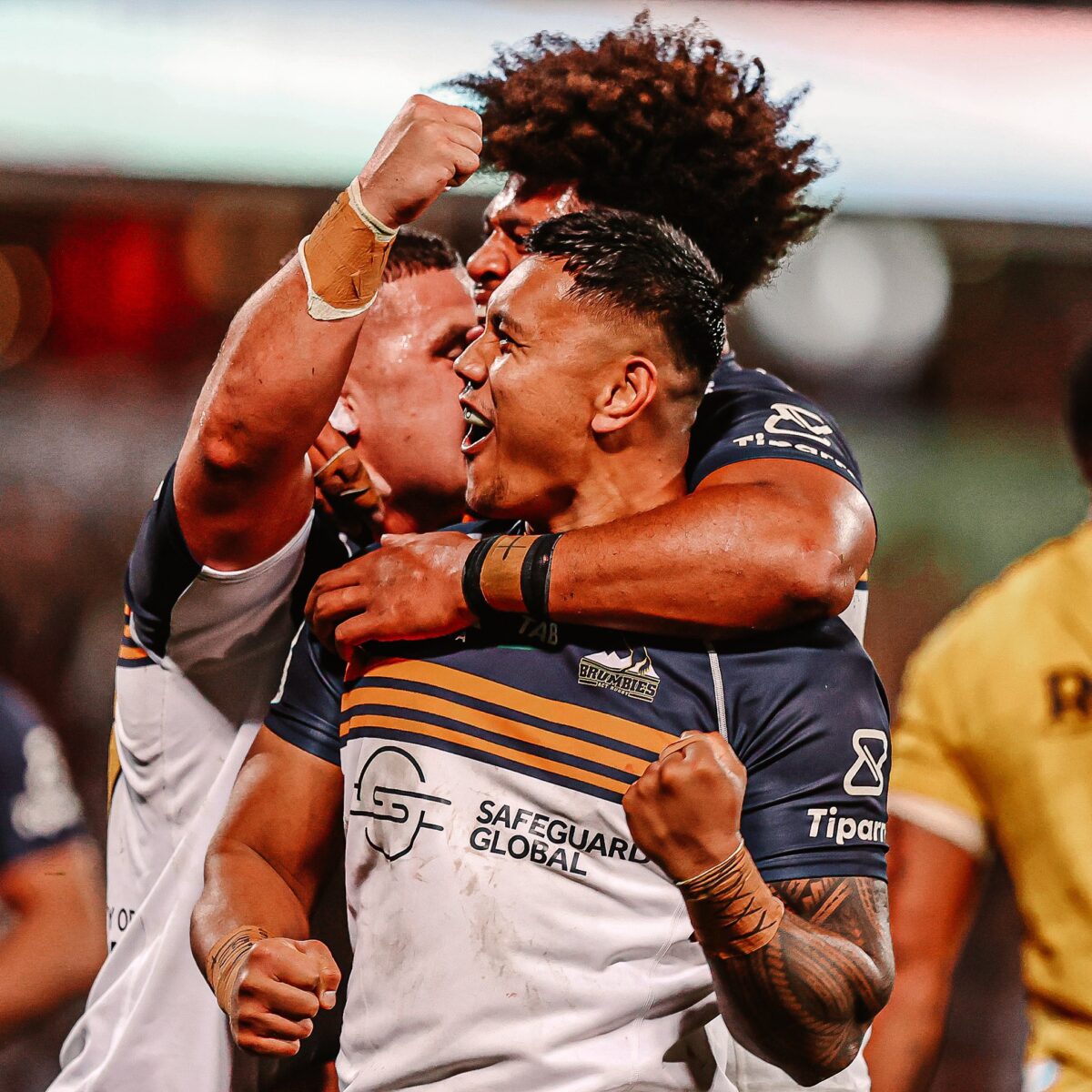 Brumbies players celebrate during the quarter-final against the Hurricanes at GIO Stadium. Photo: Brumbies Twitter.