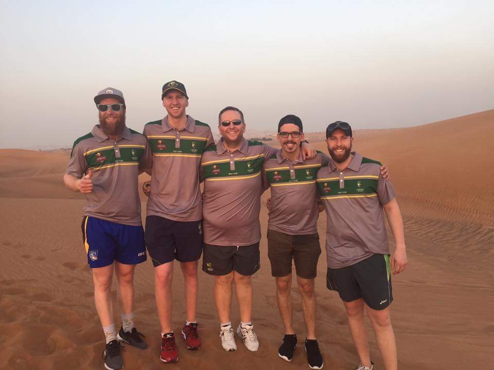 from L to R, Timmy Floros, Benji Floros, Bill Floros (Rockets Head Coach), Alexander Floros, and Matthew Floros, in Dubai during the 2017 Indoor Cricket World Cup. Photo: Supplied.