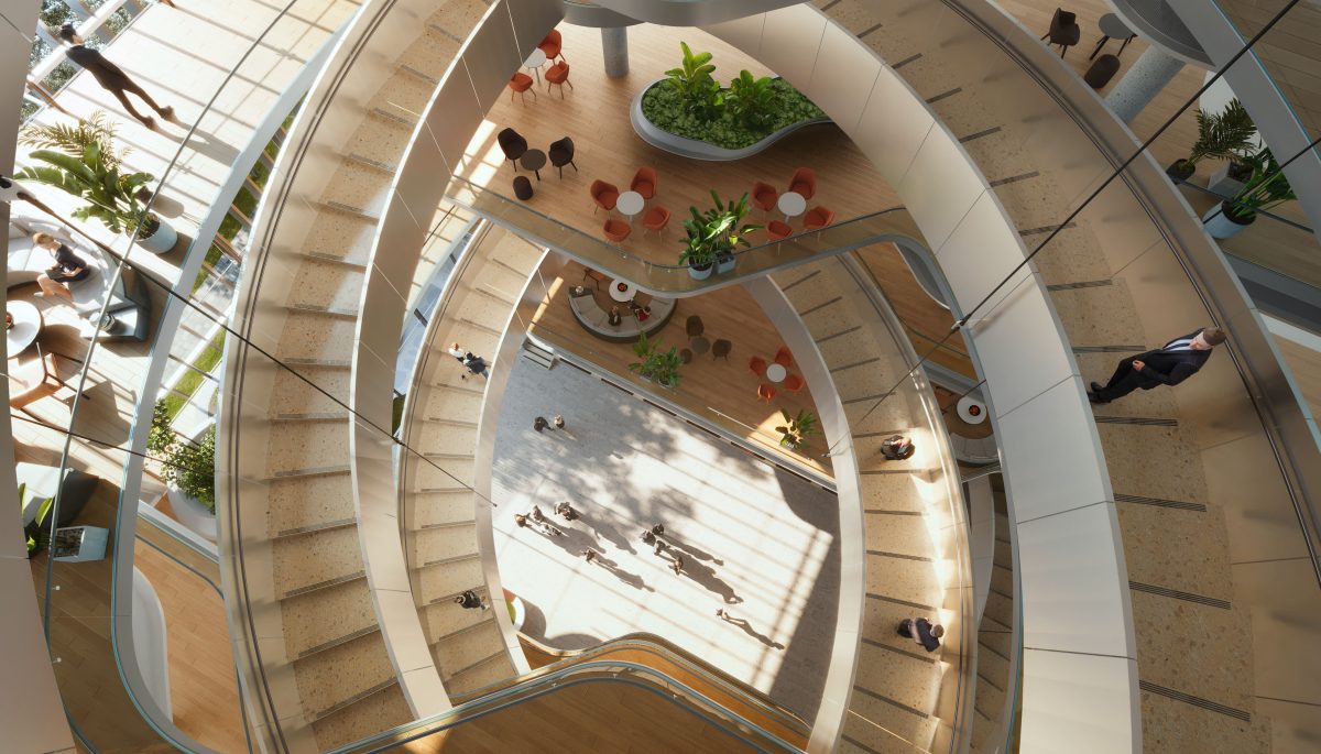 A view looking down through the atrium of the proposed office building at 10 Brisbane Avenue in Barton. 