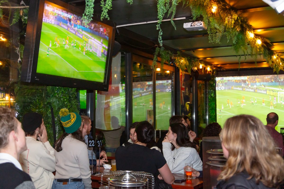 Audience watching the first Matildas game at the Dock.