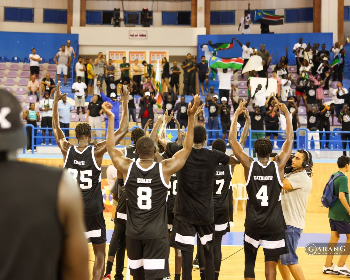 South Sudan basketball team celebrating