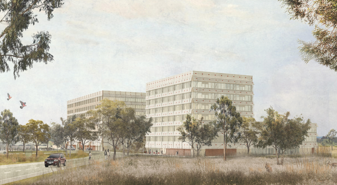 An artist's impression of the two buildings set in native landscaping