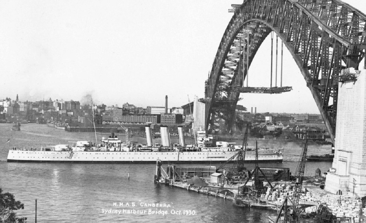 HMAS Canberra I under the Harbour Bridge