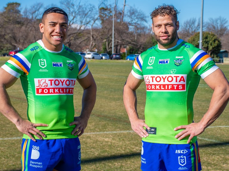 Albert Hopoate and Sebastian Kris in the kit for Saturday's double header that matches the NRLW kit. 