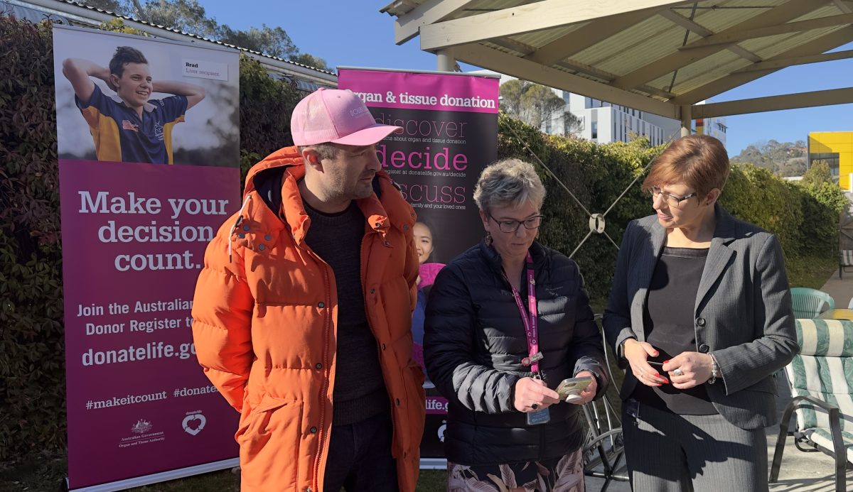 Organ donor recipient Josh Lindenthaler, DonateLife ACT agency manager Nadia Burkolter and Minister for Health Rachel Stephen-Smith.