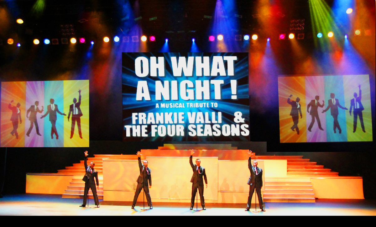 Four men on stage during the Frankie Valli tribute show Oh What a Night