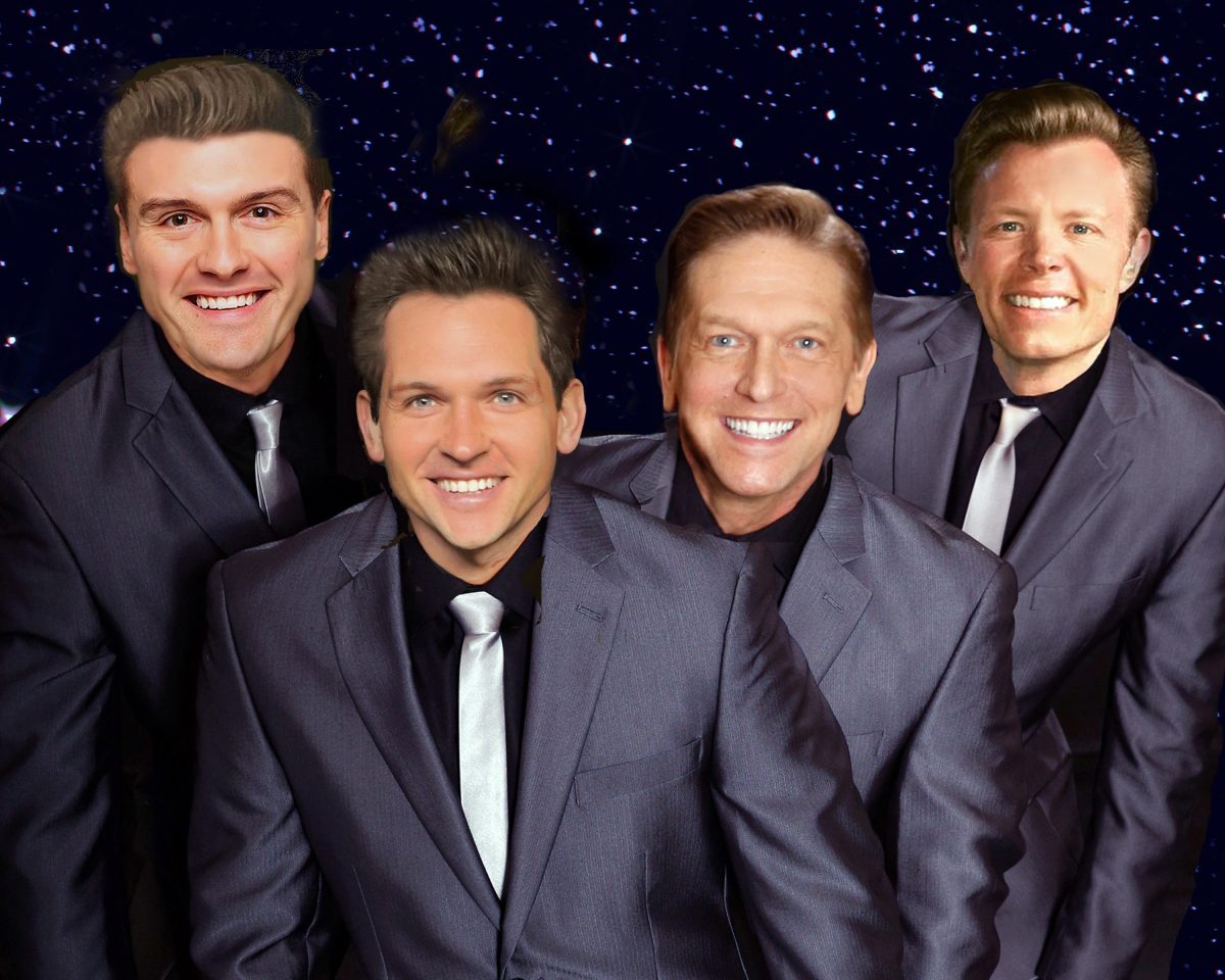 Four male performers from Oh What a Night tribute show superimposed onto a starry backdrop