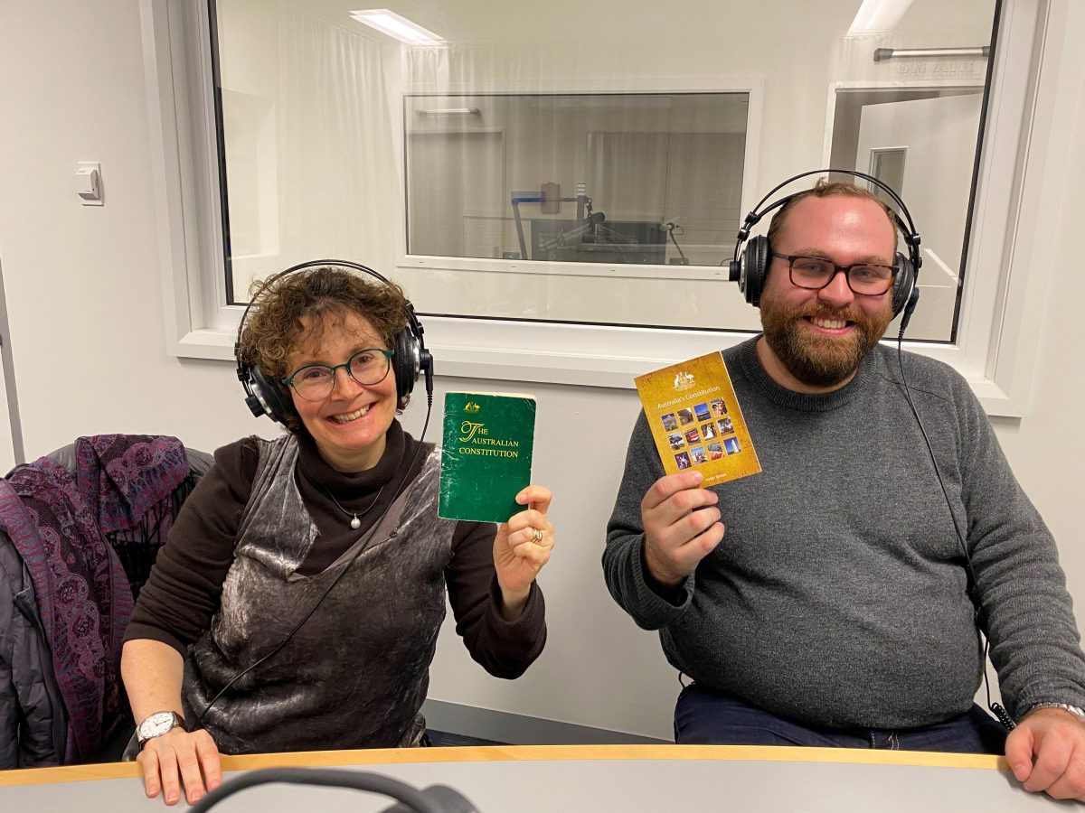 man and woman in recording studio for podcast