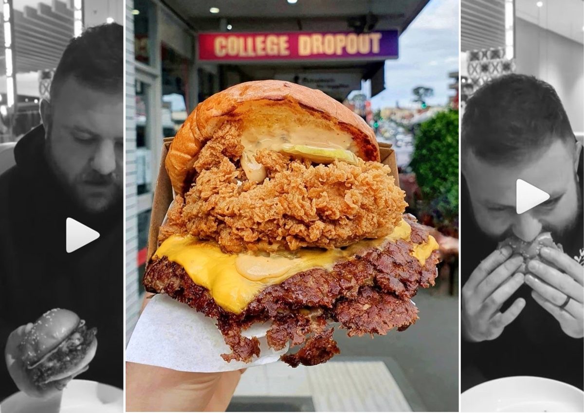 College Dropout burger between two thumbnails of person eating burgers