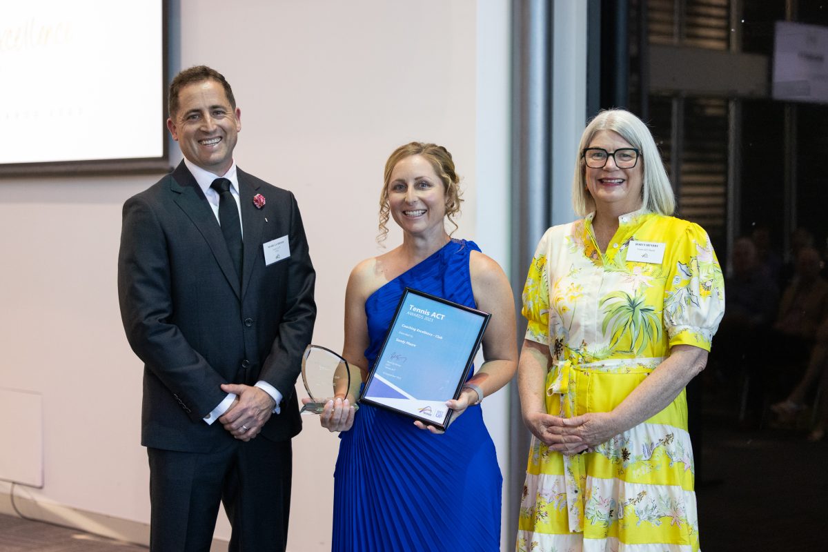 Tennis ACT CEO Mark La Brooy, tennis coach Sandy Moore and Tennis ACT board director Robyn Hendry at the Tennis ACT Awards 2023